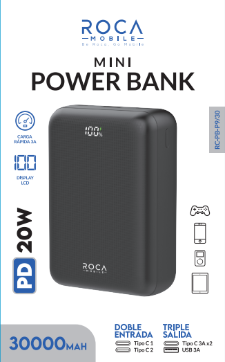 Power Bank ROCA Mini RC-PB-P9/30 30.000mAh 20W Entrada: 2 Tipo C / Salida: USB + Tipo C